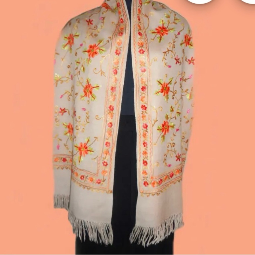 Vintage 90s Beige Natural Wool Shawl Orange Floral Embroidery Fringe 68x27